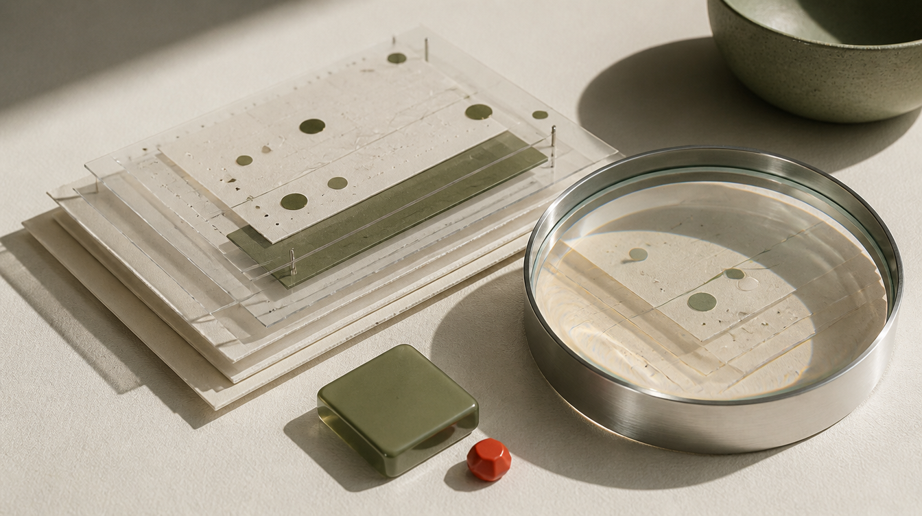An optical lens revealing layers of abstract paper evidence cards.