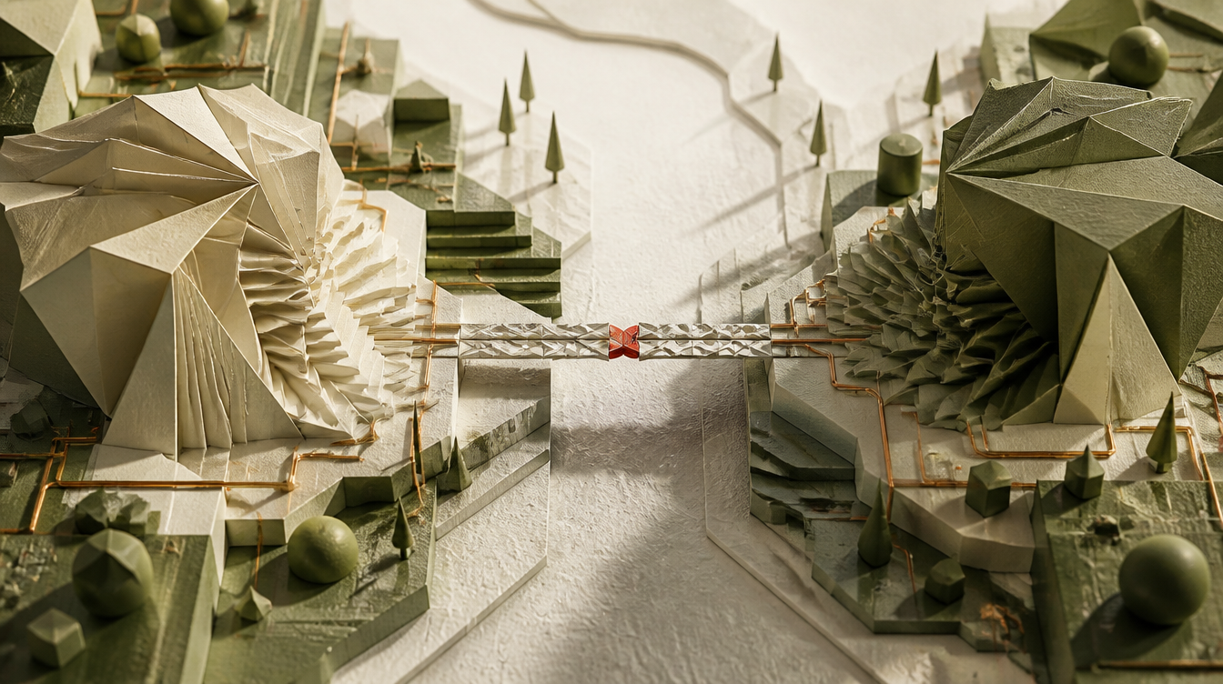 A delicate shared bridge connects two abstract paper structures.