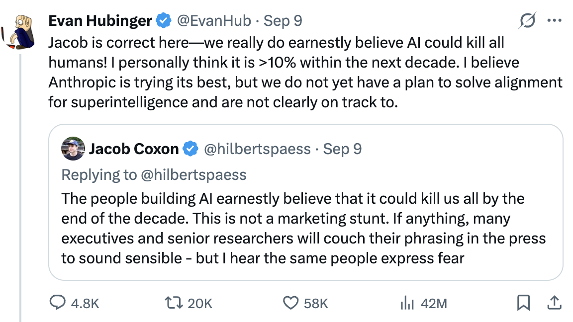 Full supplied screenshot of Evan Hubinger’s personal estimate of greater than 10 percent within the next decade, with an embedded Jacob Coxon post.